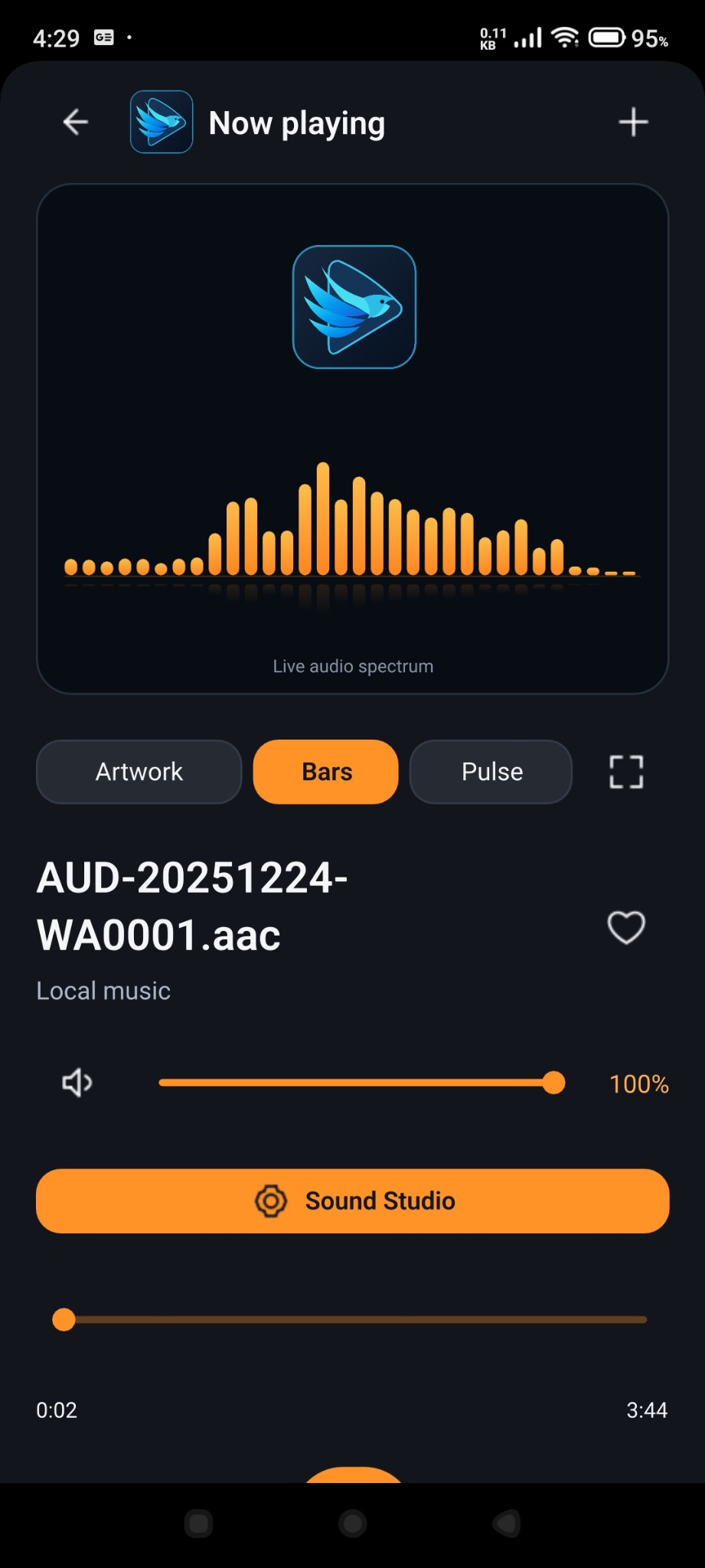 AAC audio playing with a live spectrum in Jatayu Media Player