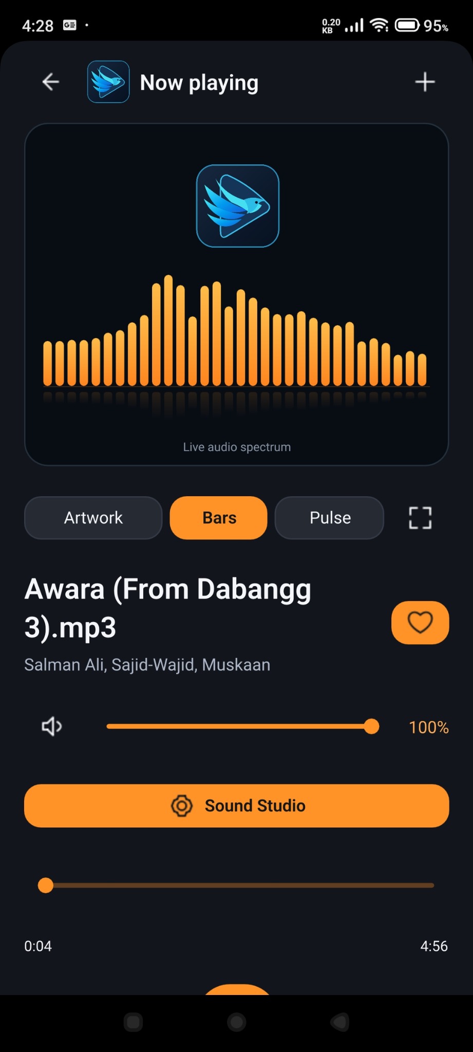 Actual Android music player with orange live spectrum, volume and Sound Studio controls