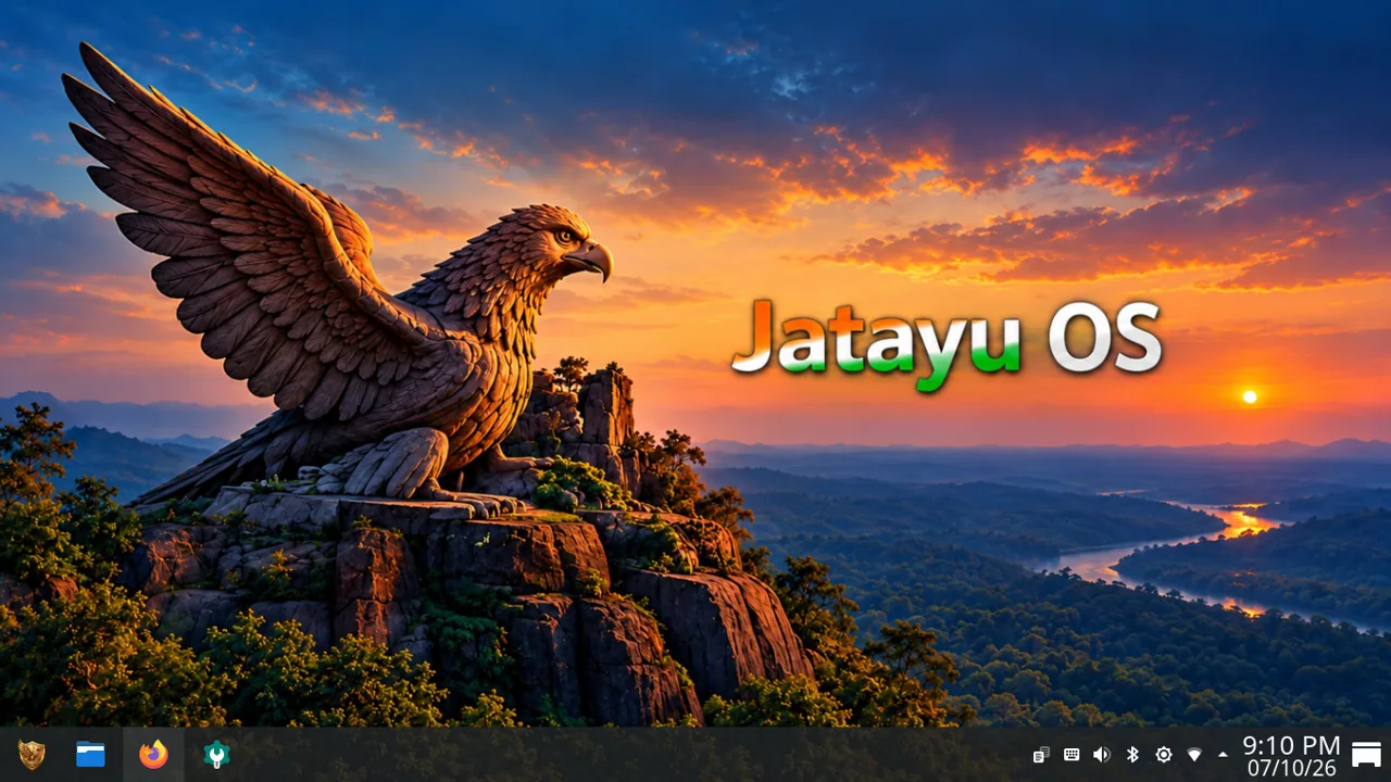 Original JatayuOS desktop with eagle sunset wallpaper and bottom application panel